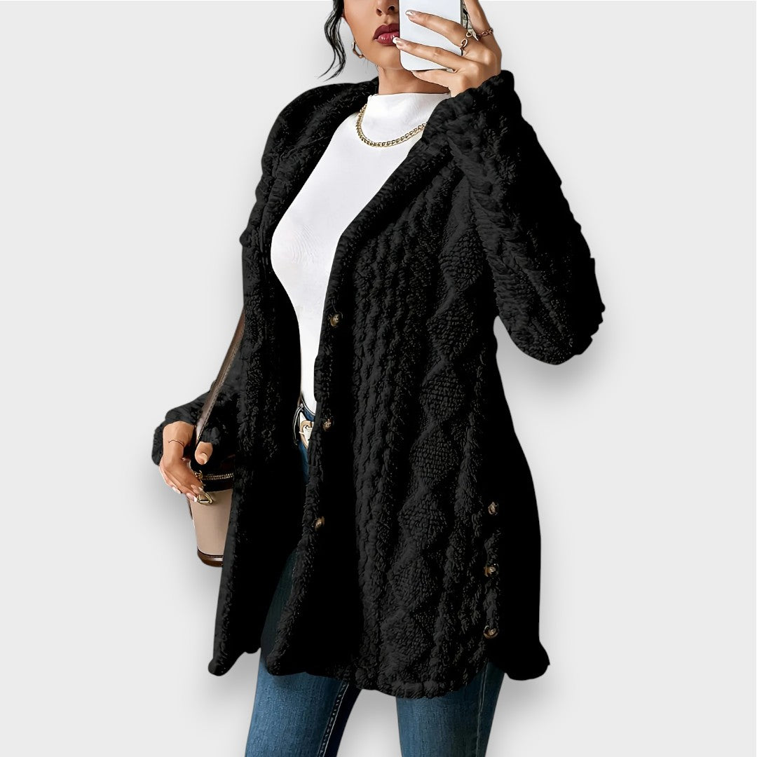 Street-Wave Plush Hoodie Cardigan For Women Ultra Soft Cozy Elegance With Refined Knit And Button Details