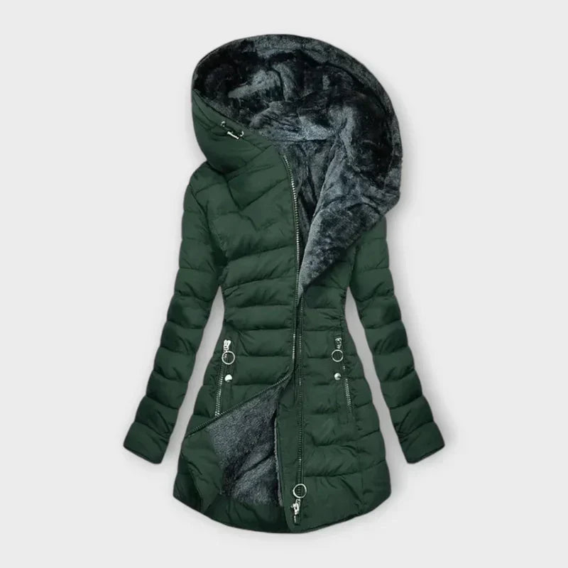 Street-Wave Cozy Green Puffer Coat With Plush Lining For Women Winter Warmth And Style