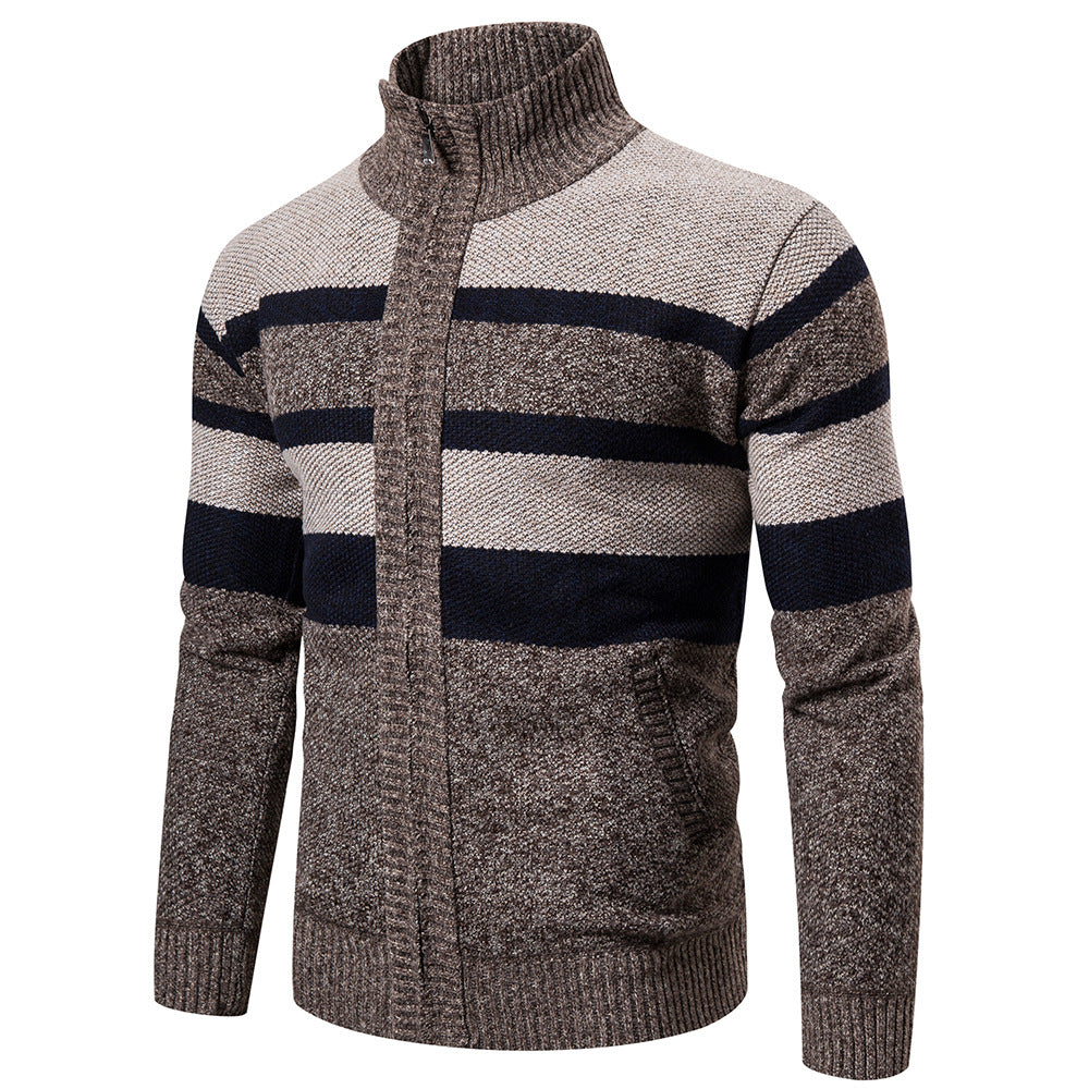 Mens Cardigan With Stand Collar By Street Wave Modern Striped Knit For Cool Weather