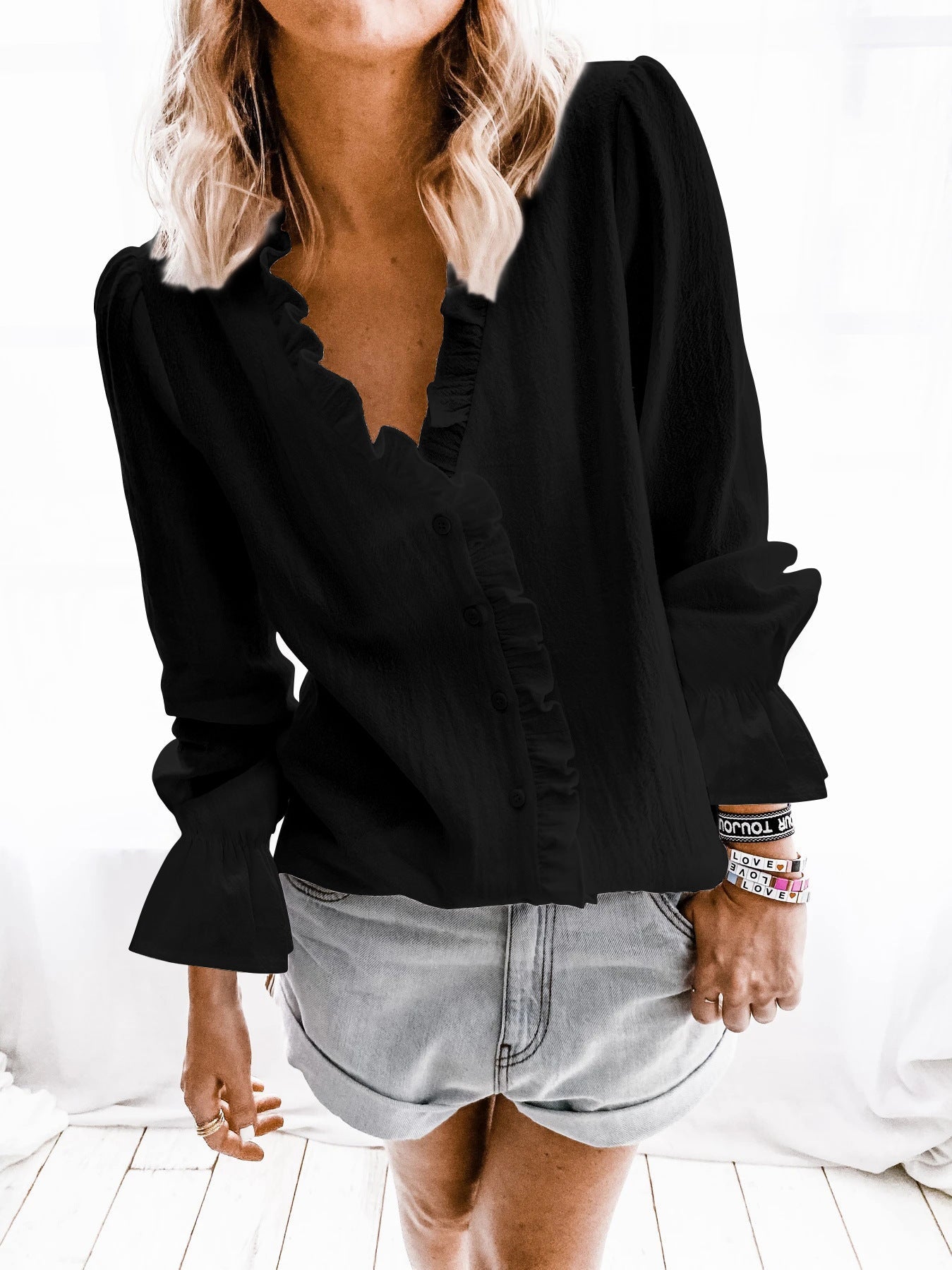 Street-Wave Women's Blouse Shirt With Ruffle Details And Button Closure For Breathable Elegant Versatile Style