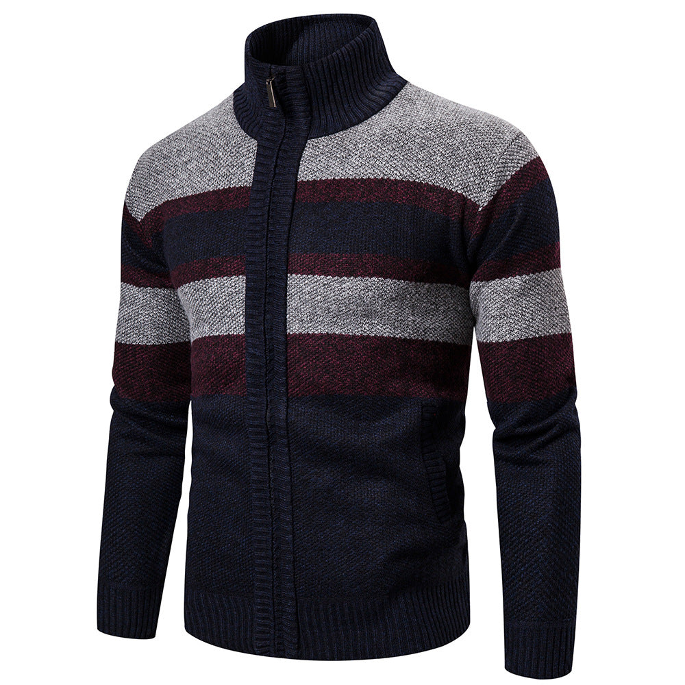 Mens Cardigan With Stand Collar By Street Wave Modern Striped Knit For Cool Weather