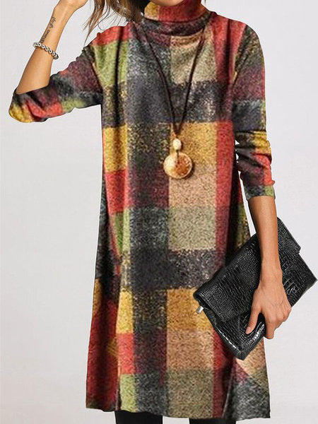Street-wave Plaid Dress With High Collar For Women Trendy Elegant Comfortable Everyday Wear