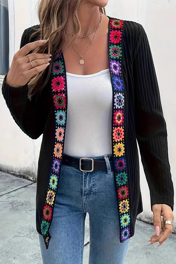 Street Wave Floral Trim Knit Cardigan With Long Sleeves For Women Casual Chic Soft Comfort