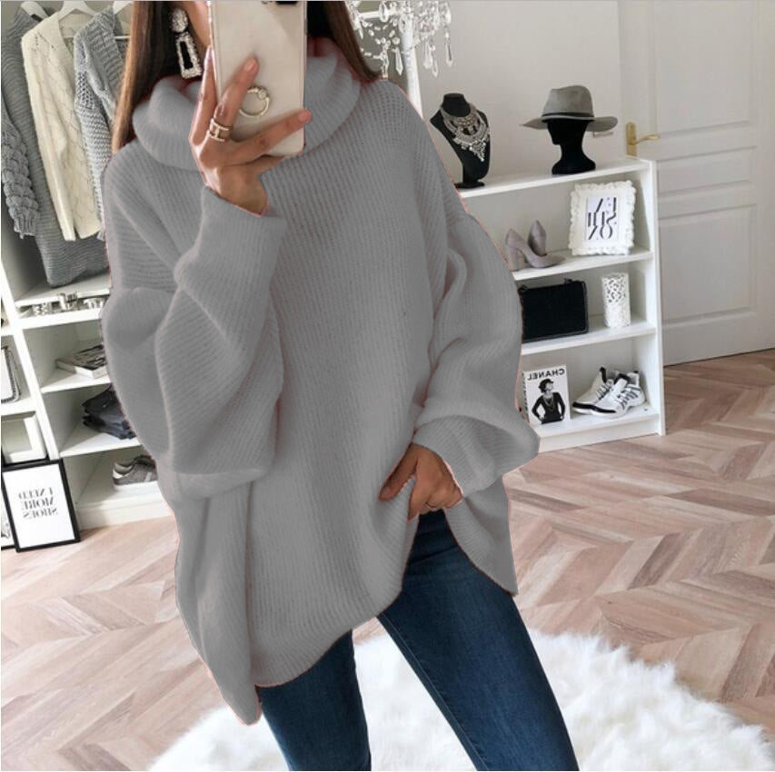 Street-Wave Women's Oversized Knit Sweater With High Collar Cozy Relaxed Fit For Cold Weather