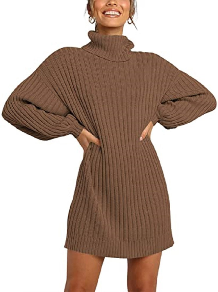 Street-Wave Women Knit Dress With High Neck And Wide Sleeves Cozy Wool Winter Wear