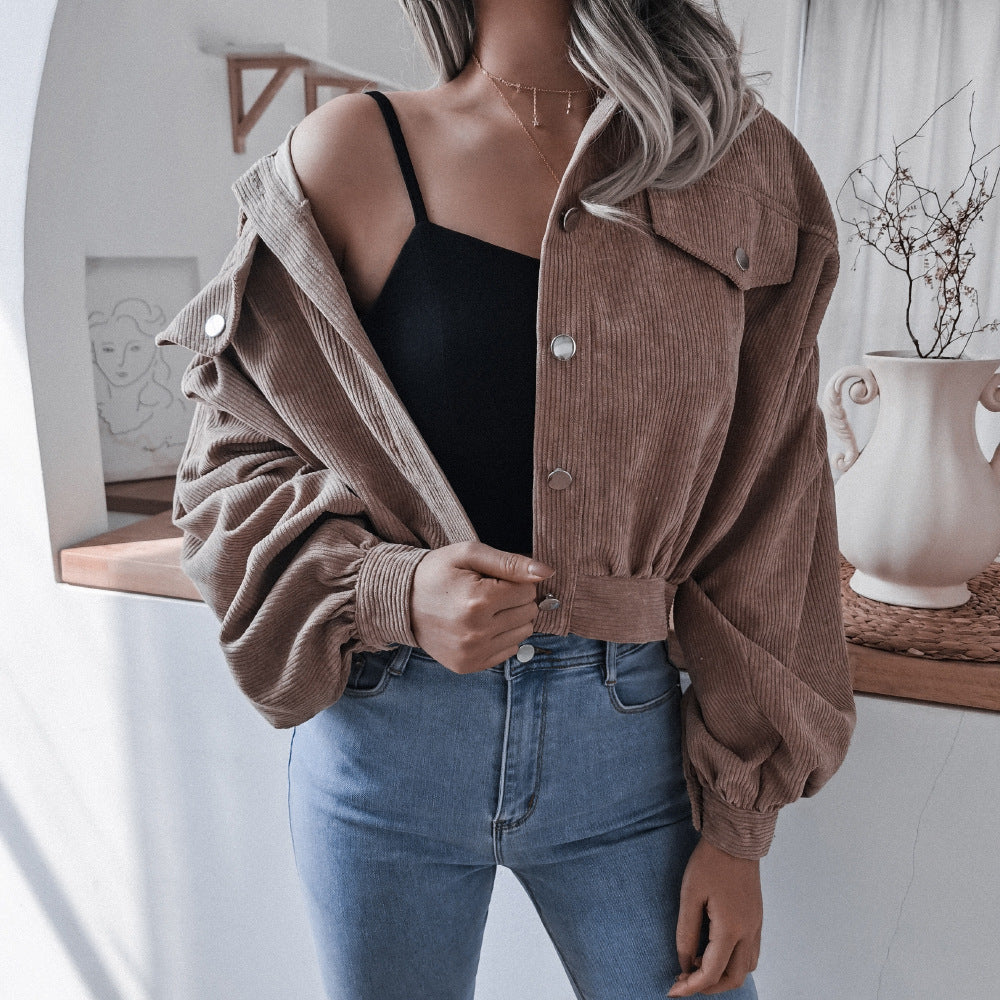 Street-Wave Corduroy Short Jacket For Women Oversized Fit Button Closure Trendy Nostalgic Style