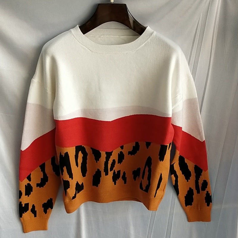 Street-Wave Women Colorblock Leopard Knit Sweater For Trendy Style And All Day Cozy Comfort