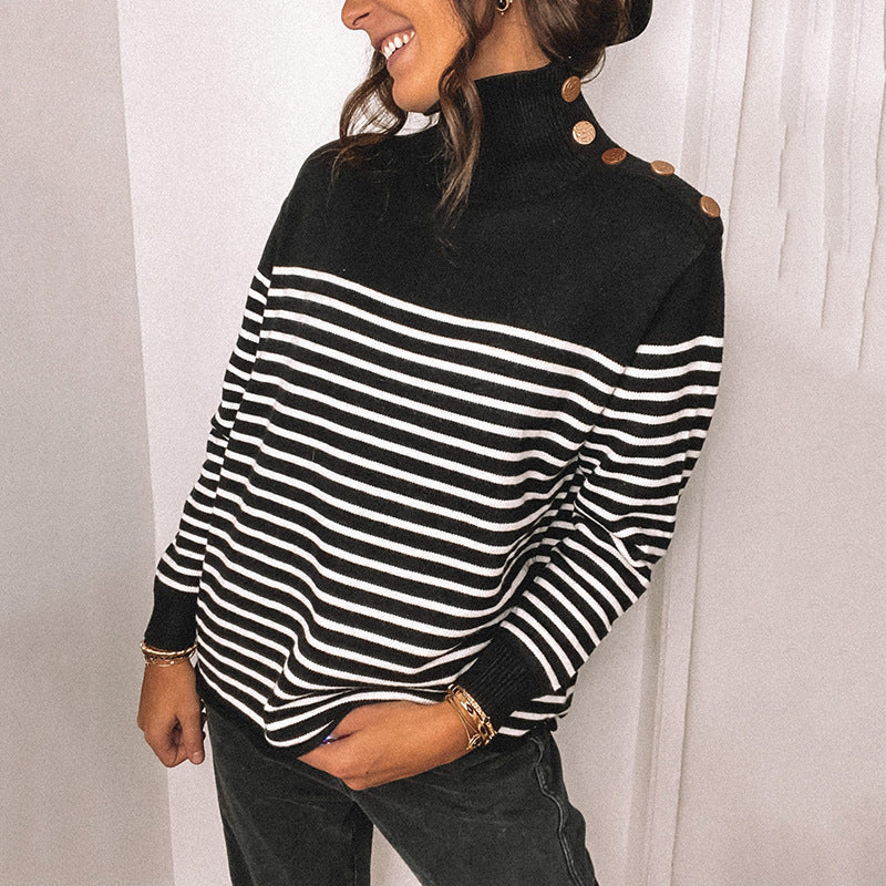 Street-Wave Womens Oversized Knit Sweater With Stand Collar Button Details Chic Soft Cotton Comfort