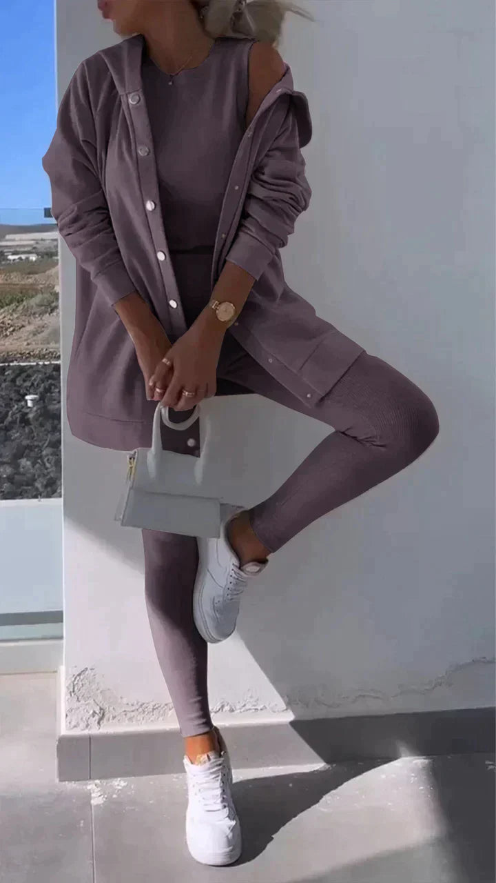 Street-wave Three-Piece Hoodie Set For Women, Cozy All-Day Comfort, Neutral Beige