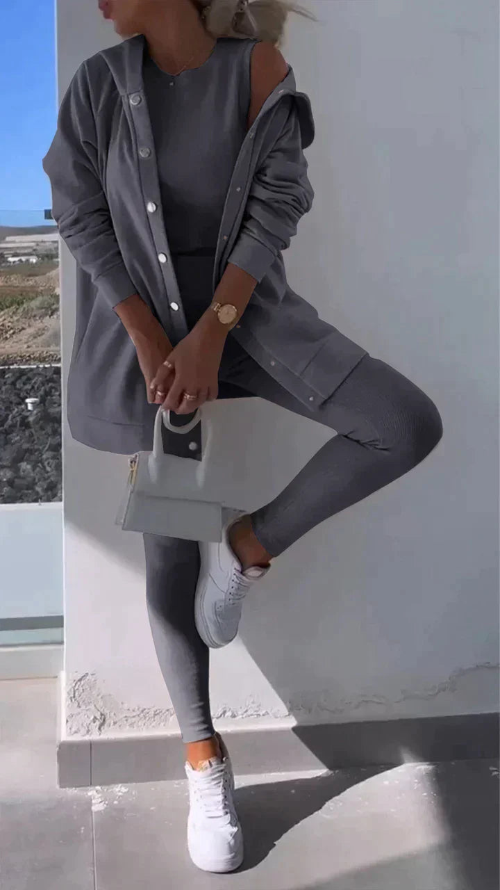 Street-wave Three-Piece Hoodie Set For Women, Cozy All-Day Comfort, Neutral Beige