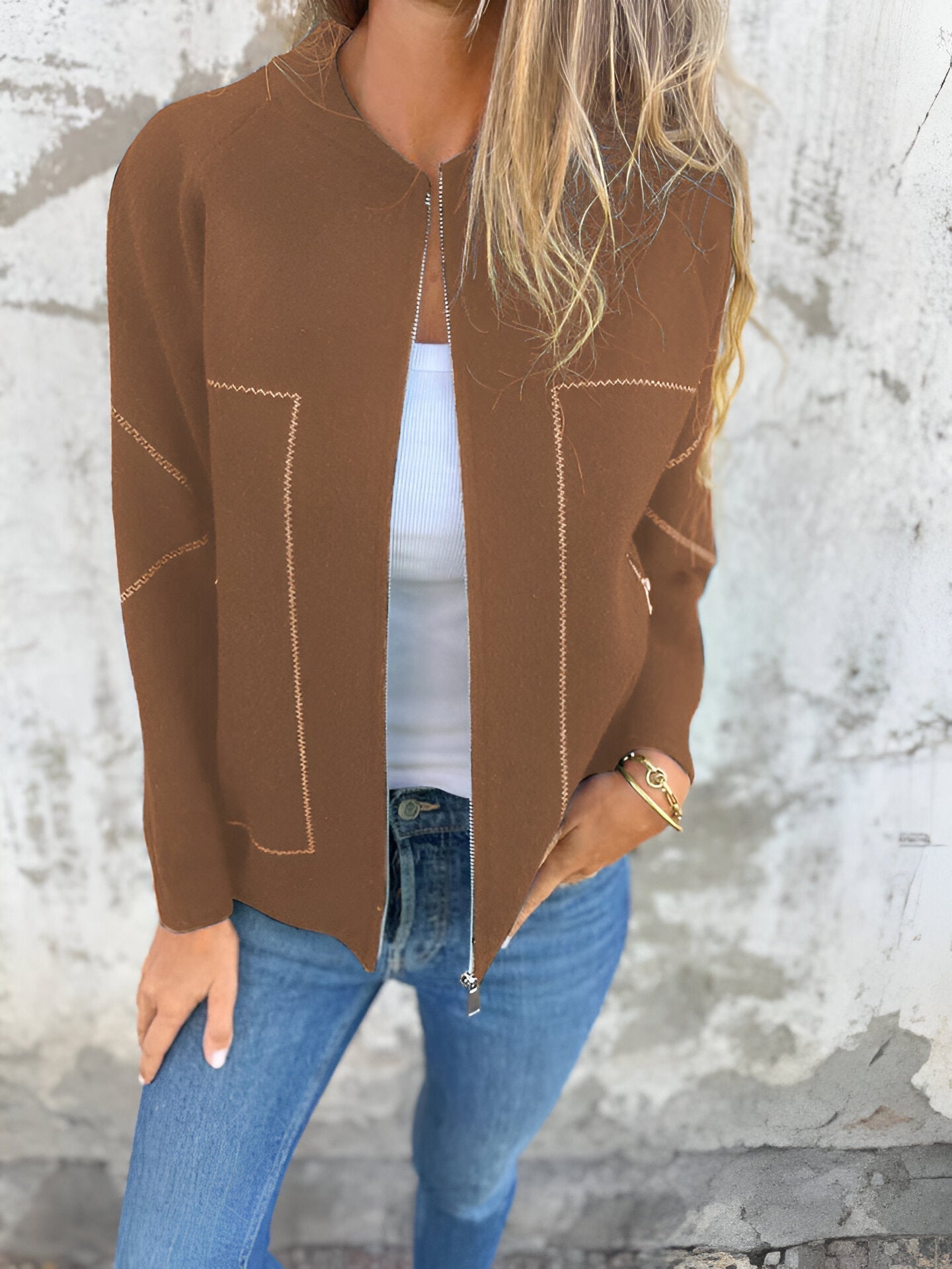 Street-wave Women Casual Zip Jacket With Pockets And Delicate Stitch Detailing For Effortless Everyday Wear