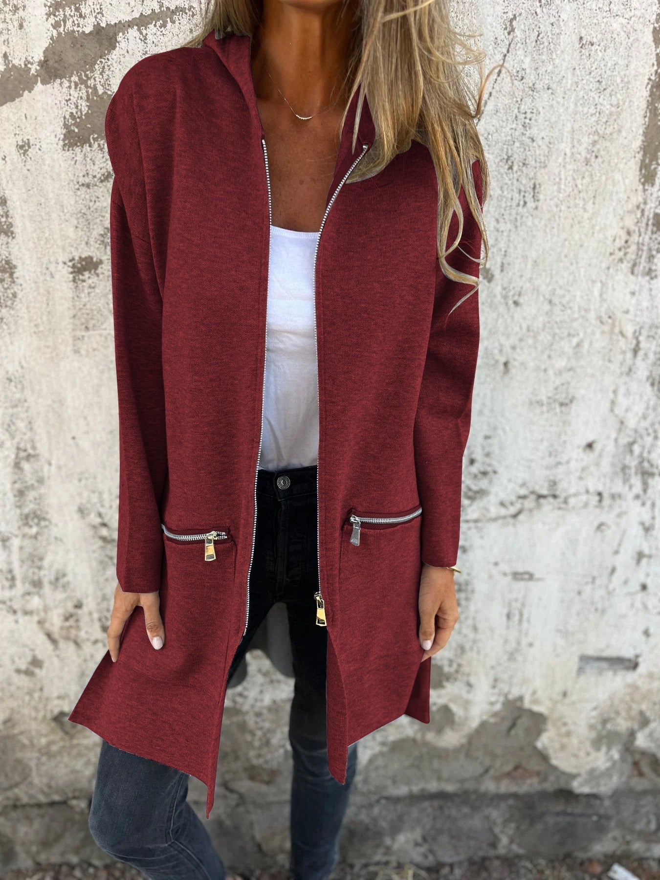 Street-wave Red Casual Zip Up Jacket for Women with Crew Neck and Effortless All Day Comfort