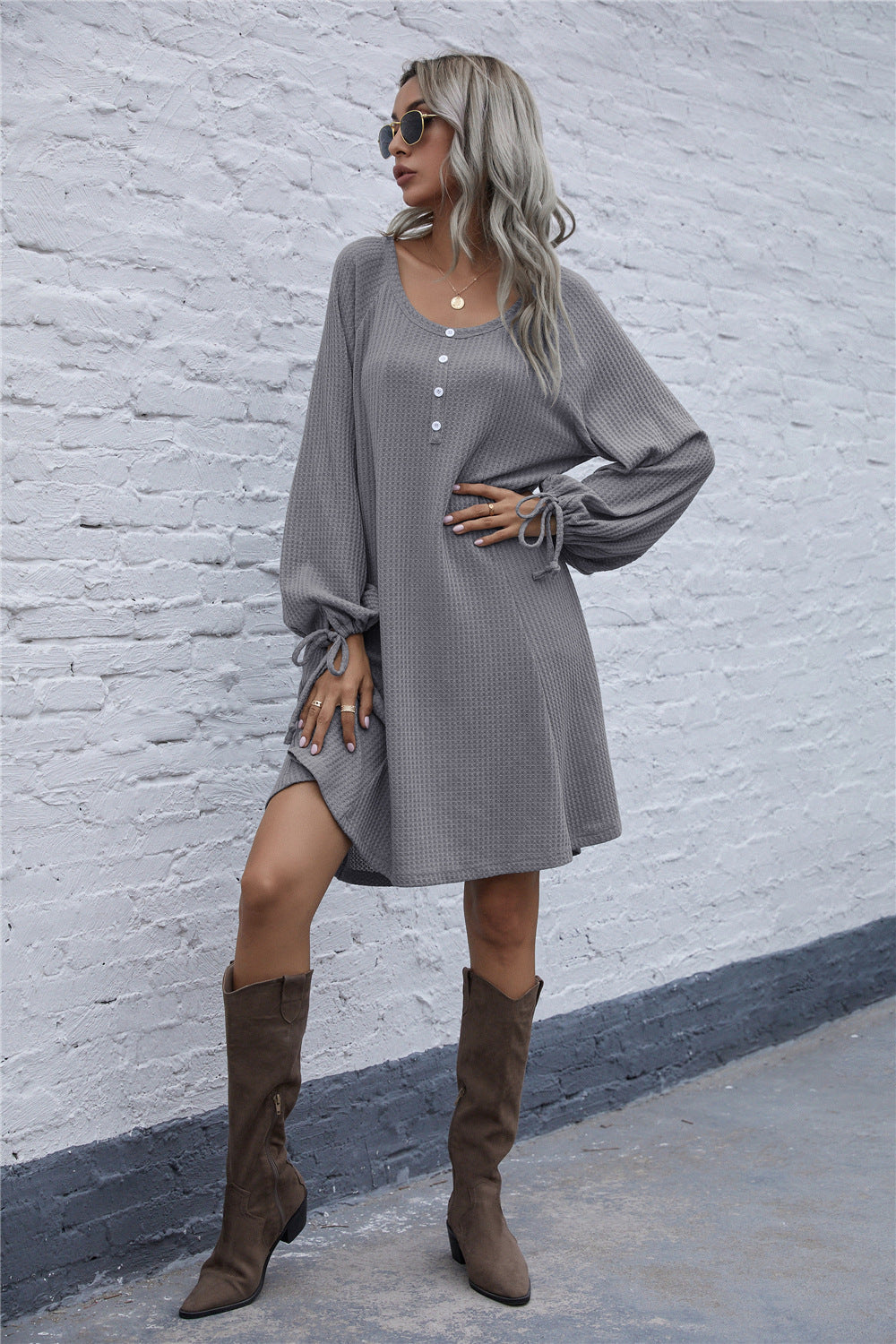 Street-wave Women Waffle Knit Pullover Cozy Dress With Button Front And Relaxed Fit