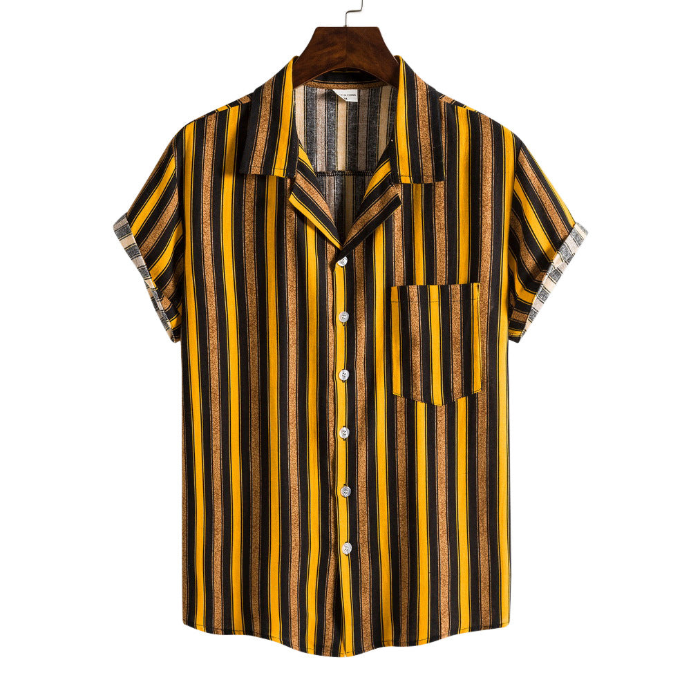 Mens Short Sleeve Striped Shirt Street-Wave With Chest Pocket For Effortless Casual Comfort