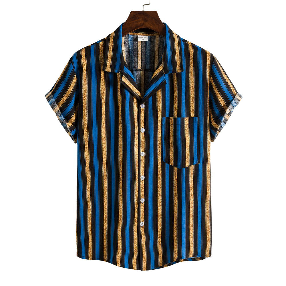 Mens Short Sleeve Striped Shirt Street-Wave With Chest Pocket For Effortless Casual Comfort
