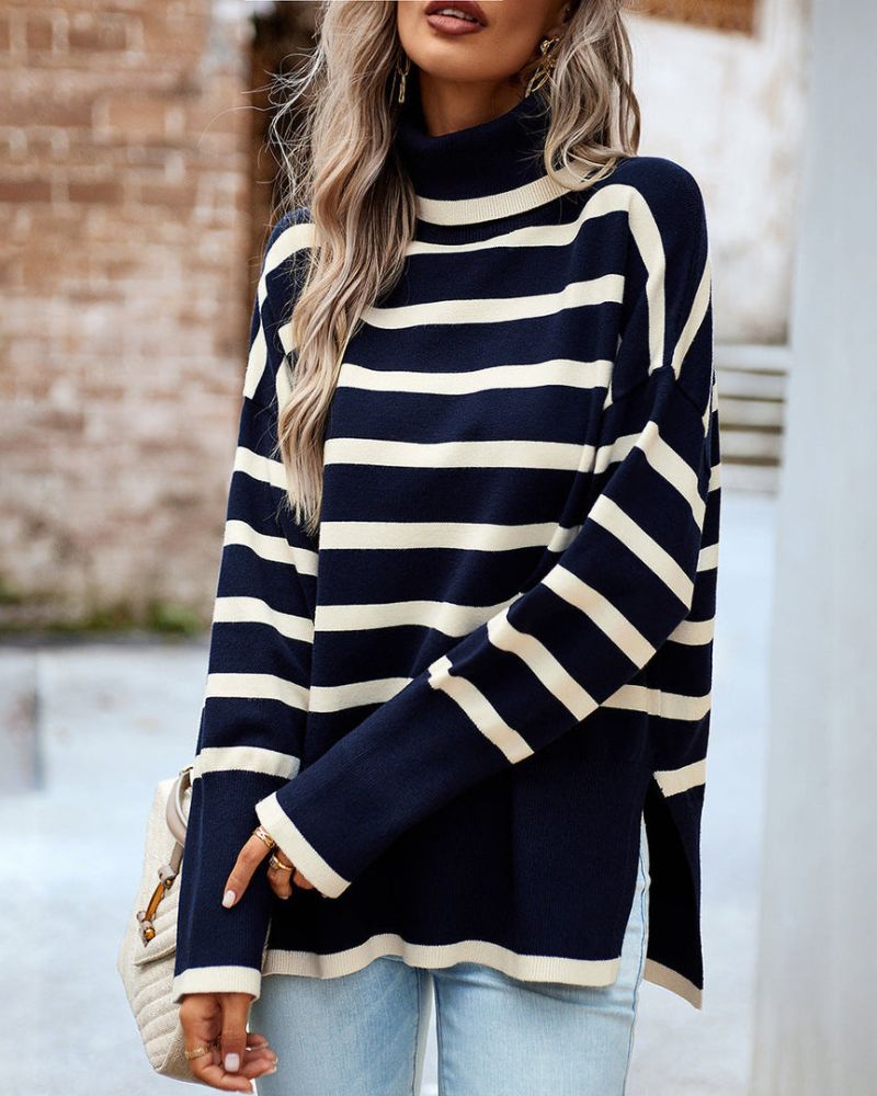 Street-wave Striped Rollneck Sweater For Women Ultra Soft Cozy Knit Modern Street Style