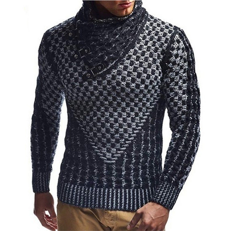 Street-Wave Mens Knit Sweater With High Collar And Textured Pattern Cozy Modern Knitwear For Men