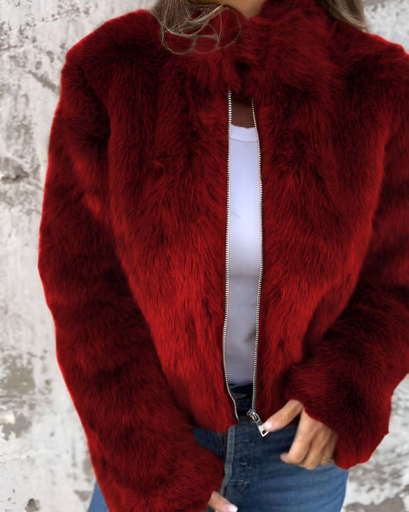 Street-Wave Faux Fur Jacket With Plush Zipper Front High Collar For Women Cozy Warmth