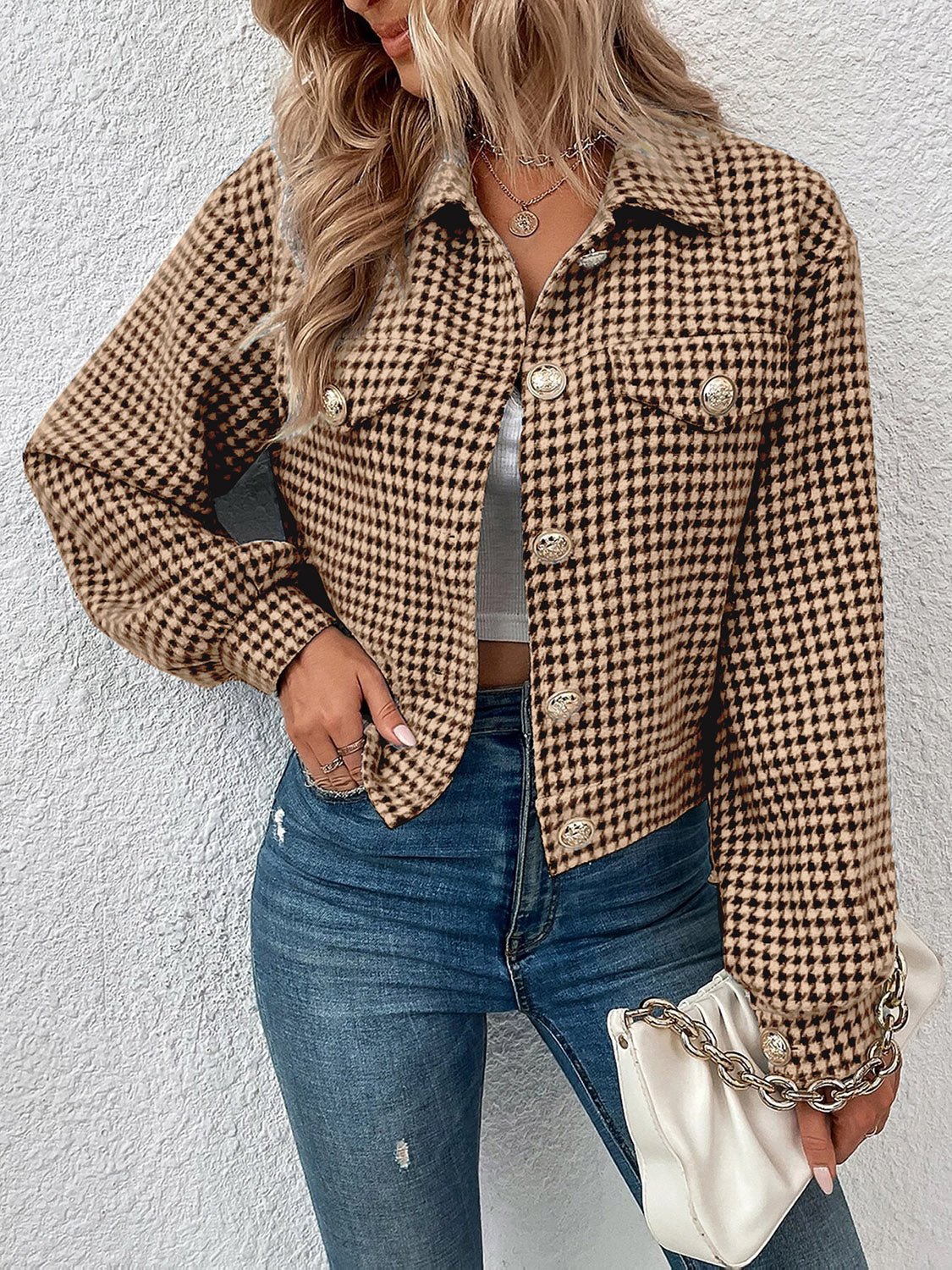Street Wave Women Houndstooth Short Jacket Button Closure Chic Classic Style Everyday Essential