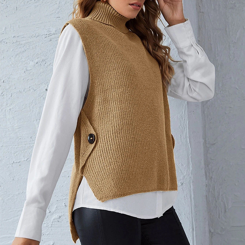 Street-wave Womens Knit Vest With Stand Collar And Button Details For Versatile Transitional Layering