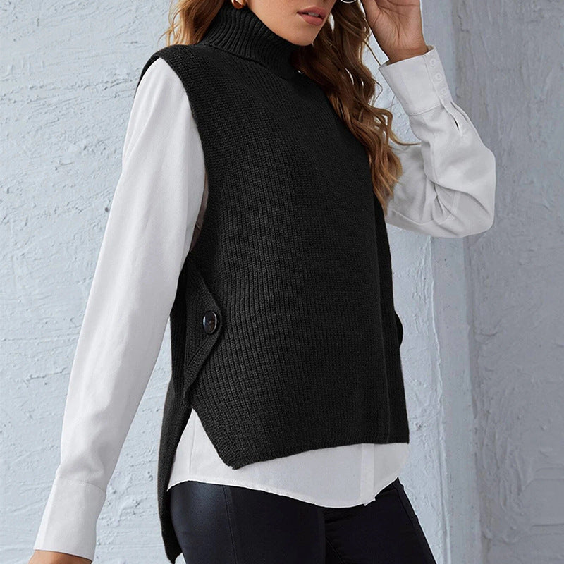 Street-wave Womens Knit Vest With Stand Collar And Button Details For Versatile Transitional Layering