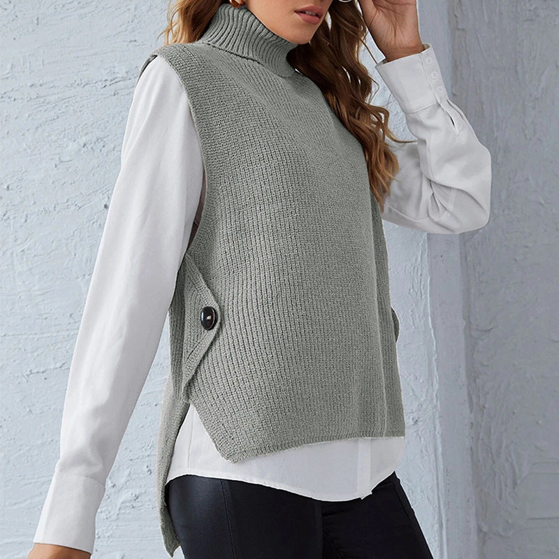 Street-wave Womens Knit Vest With Stand Collar And Button Details For Versatile Transitional Layering