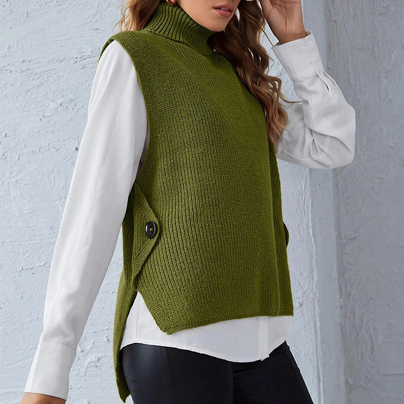 Street-wave Womens Knit Vest With Stand Collar And Button Details For Versatile Transitional Layering