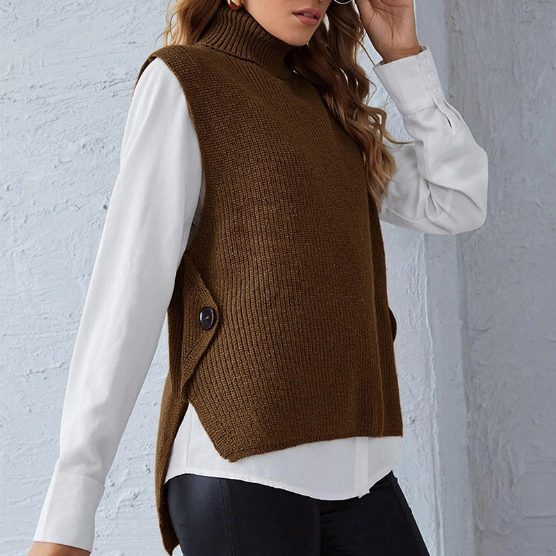 Street-wave Womens Knit Vest With Stand Collar And Button Details For Versatile Transitional Layering