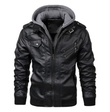 Men's Faux Leather Jacket With Detachable Hood And Zipper Pockets By Street-Wave - Urban Durable For Men