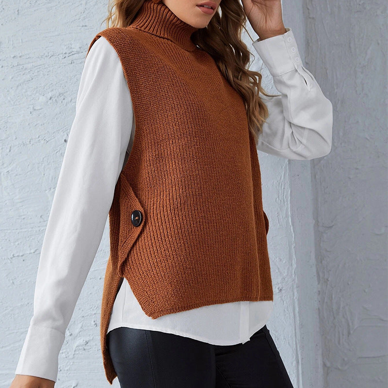 Street-wave Womens Knit Vest With Stand Collar And Button Details For Versatile Transitional Layering