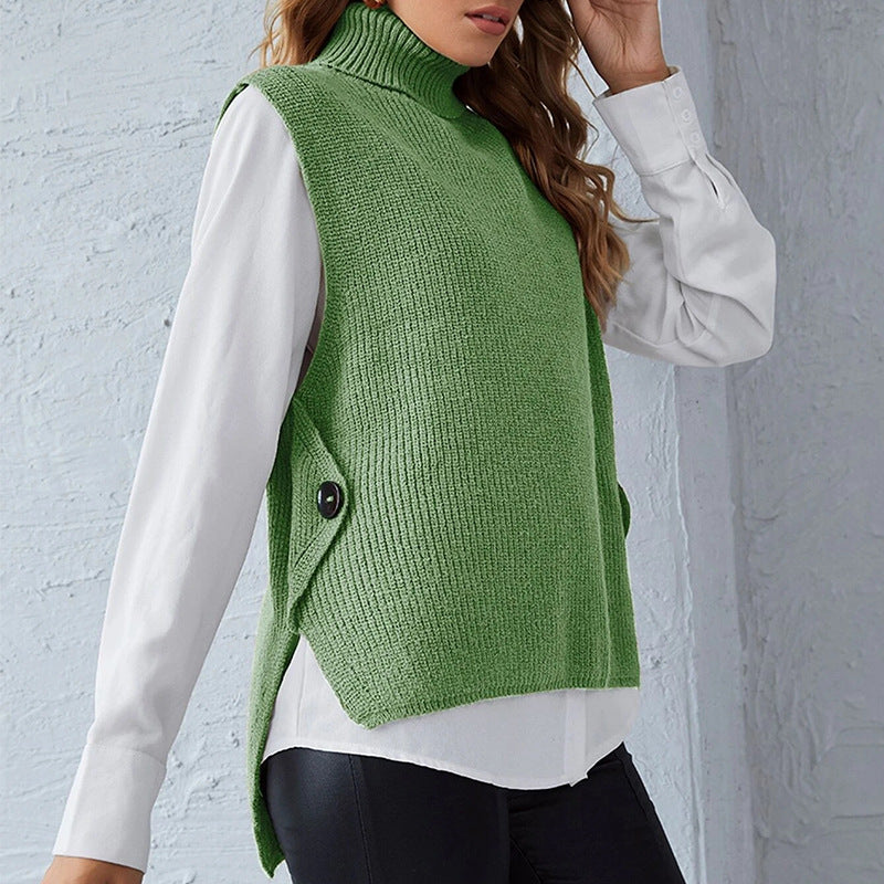 Street-wave Womens Knit Vest With Stand Collar And Button Details For Versatile Transitional Layering