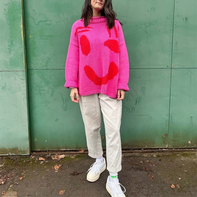 Street-Wave Smiley Knit Pullover for Women All Season Cozy Cotton Acrylic Blend