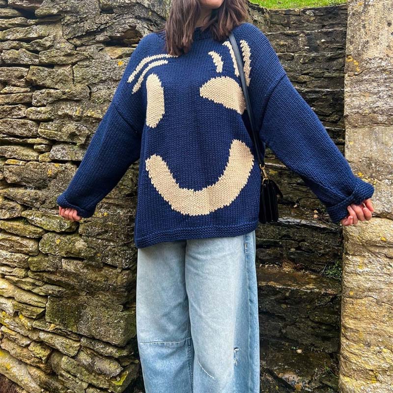 Street-Wave Smiley Knit Pullover for Women All Season Cozy Cotton Acrylic Blend
