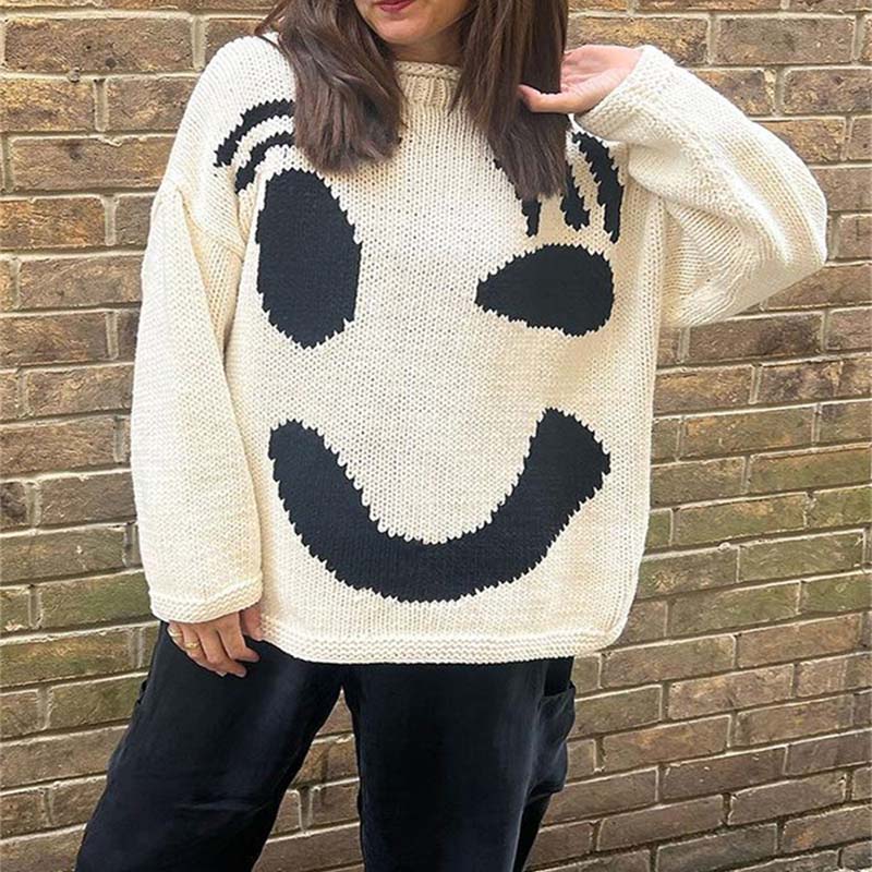 Street-Wave Smiley Knit Pullover for Women All Season Cozy Cotton Acrylic Blend