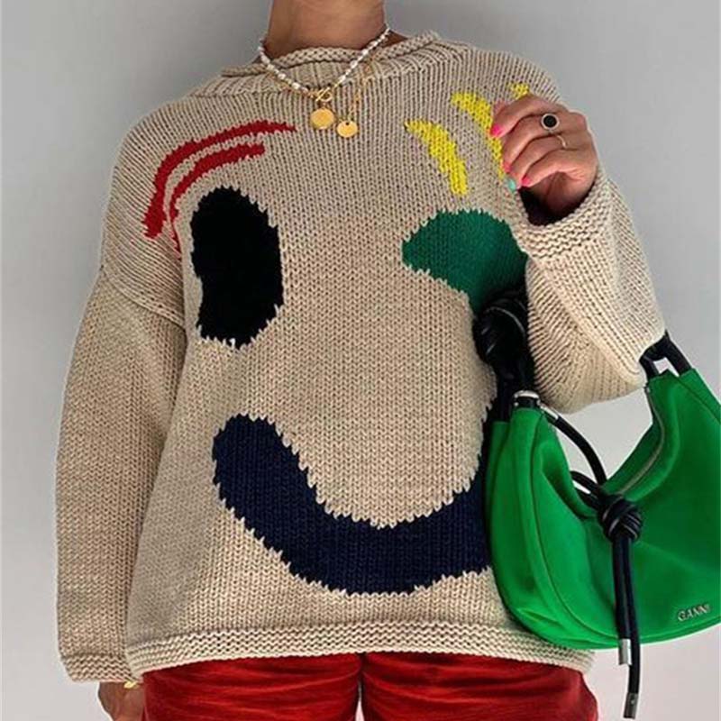 Street-Wave Smiley Knit Pullover for Women All Season Cozy Cotton Acrylic Blend