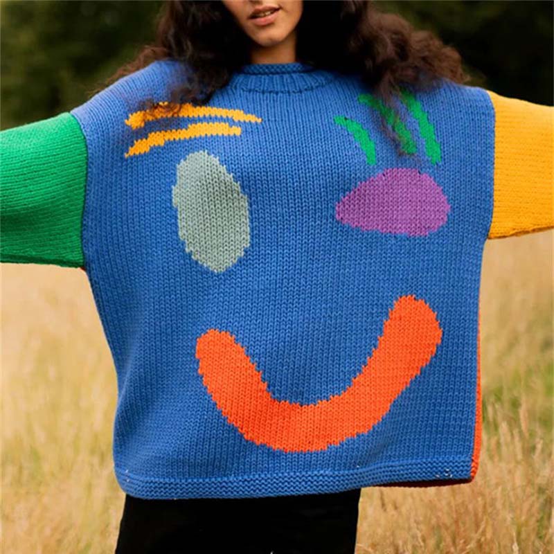 Street-Wave Smiley Knit Pullover for Women All Season Cozy Cotton Acrylic Blend