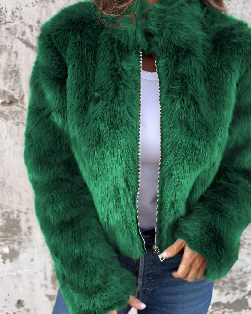 Street-Wave Faux Fur Jacket With Plush Zipper Front High Collar For Women Cozy Warmth