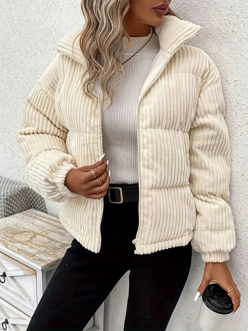 Street Wave Ribbed Puffer Jacket With Zipper For Women Cozy Warm Down Coat Ideal For Daily Winter Wear