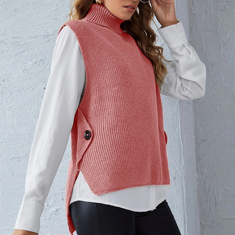Street-wave Womens Knit Vest With Stand Collar And Button Details For Versatile Transitional Layering
