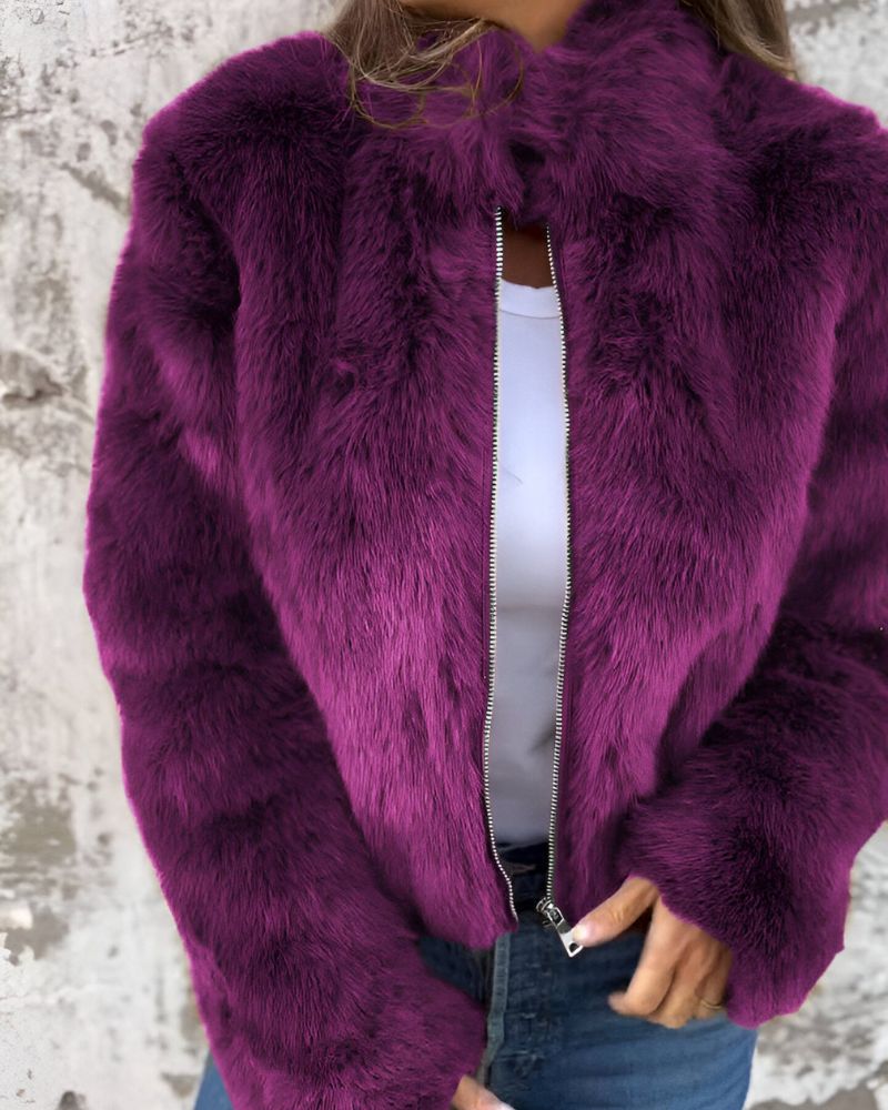 Street-Wave Faux Fur Jacket With Plush Zipper Front High Collar For Women Cozy Warmth