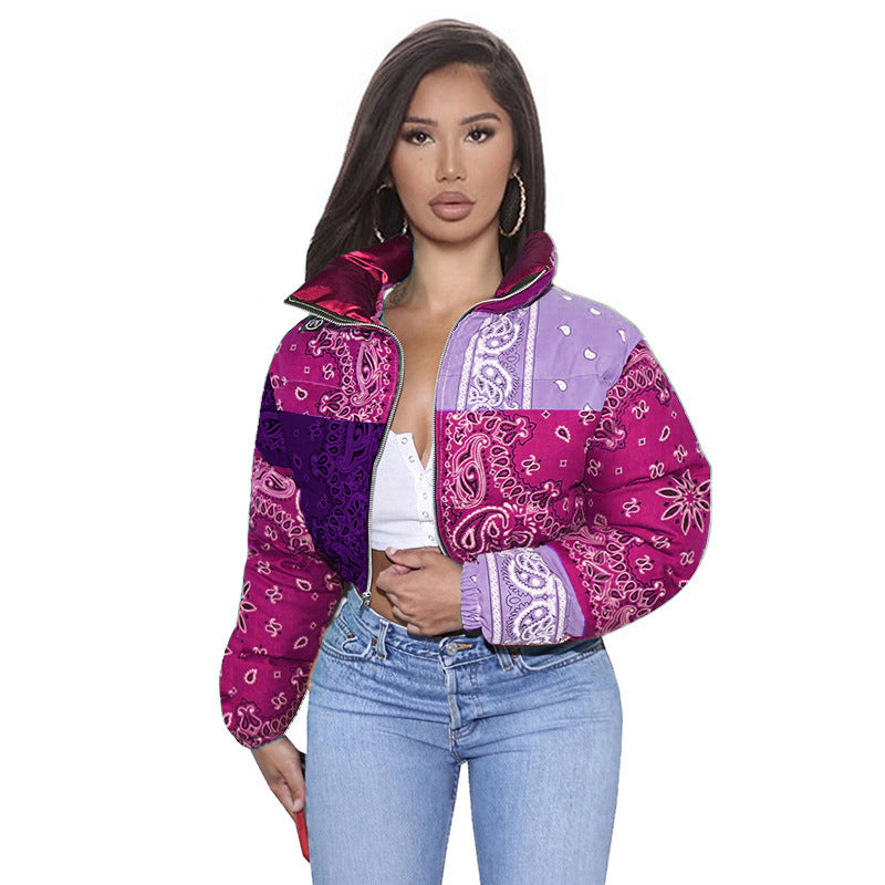Womens Quilted Jacket Street-wave Warm Puffer With Bold Paisley Print For Fashion Forward Women
