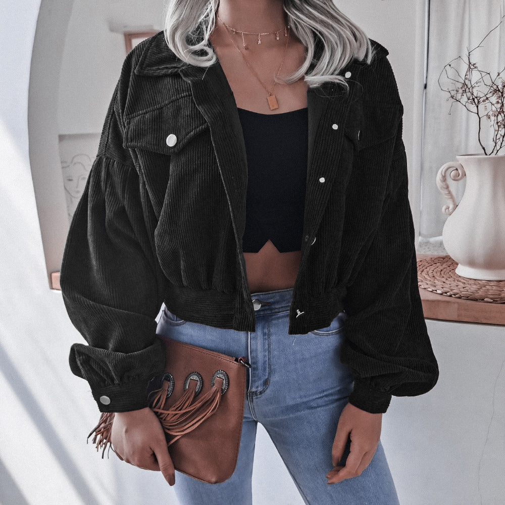 Street-Wave Corduroy Short Jacket For Women Oversized Fit Button Closure Trendy Nostalgic Style