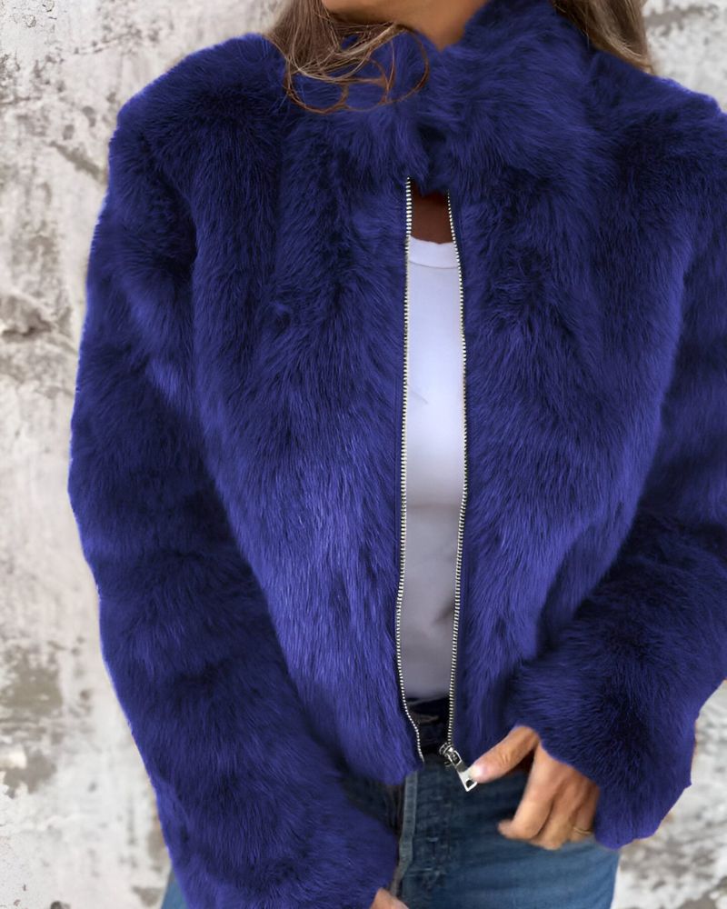 Street-Wave Faux Fur Jacket With Plush Zipper Front High Collar For Women Cozy Warmth