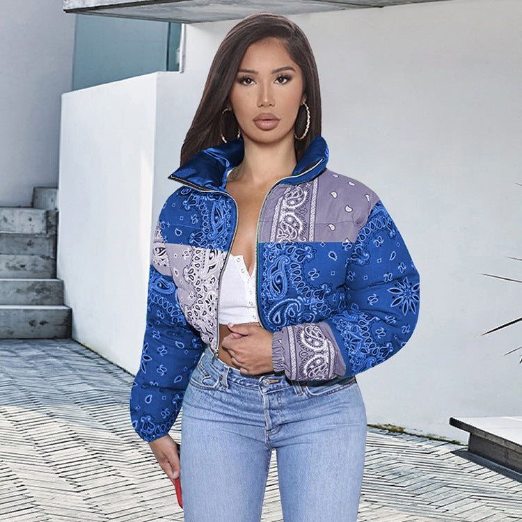 Womens Quilted Jacket Street-wave Warm Puffer With Bold Paisley Print For Fashion Forward Women