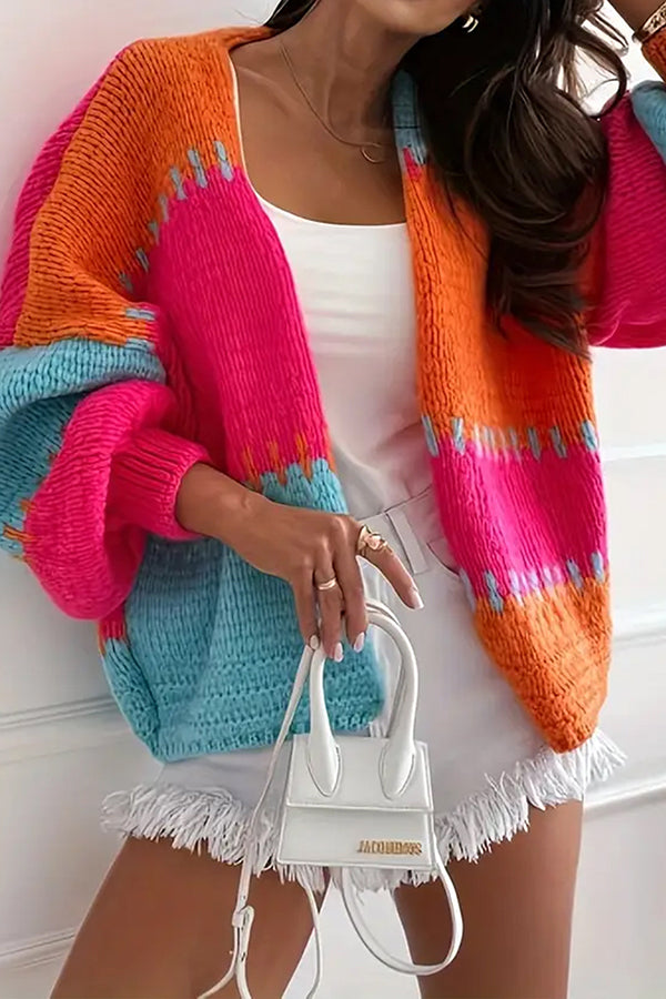 Street-wave Cozy Chunky Cardigan With Contrast Seam Details For Women On Vacation