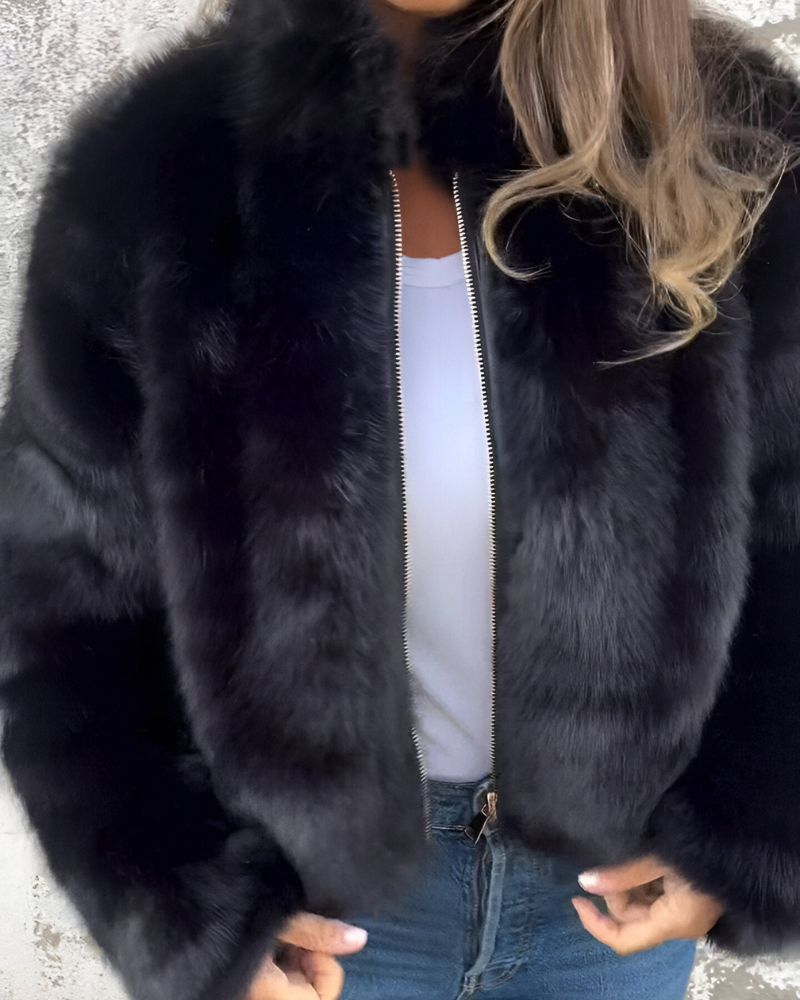 Street-Wave Faux Fur Jacket With Plush Zipper Front High Collar For Women Cozy Warmth