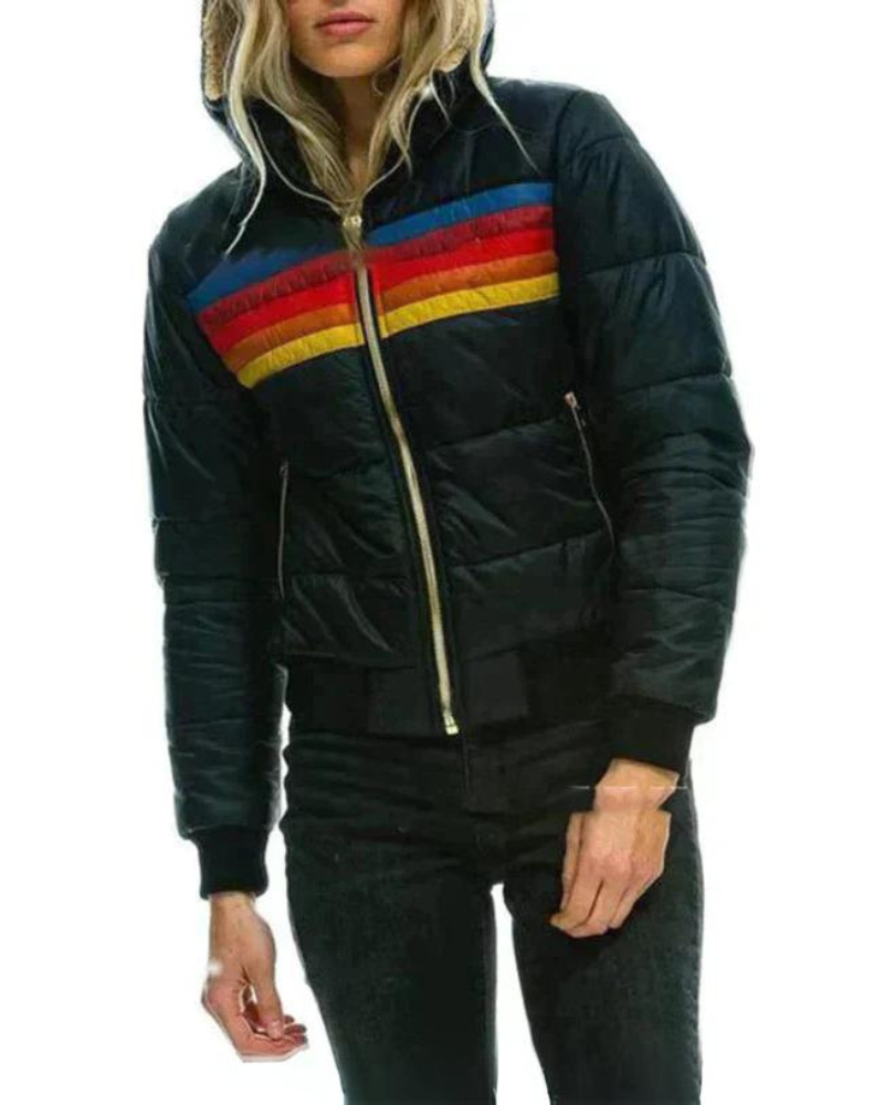 Street-wave Cozy Puffer Jacket For Women With Rainbow Colorblock Stripes Warm Quilted Winter Coat