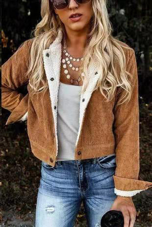 Street-wave Corduroy Sherpa Jacket for Women - Cozy Trendy Casual Outerwear Lightweight Winter Ready