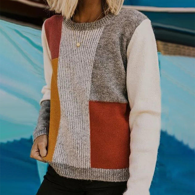 Street-wave Patchwork Knit Sweater For Women Cozy Cotton Acrylic Blend All Season