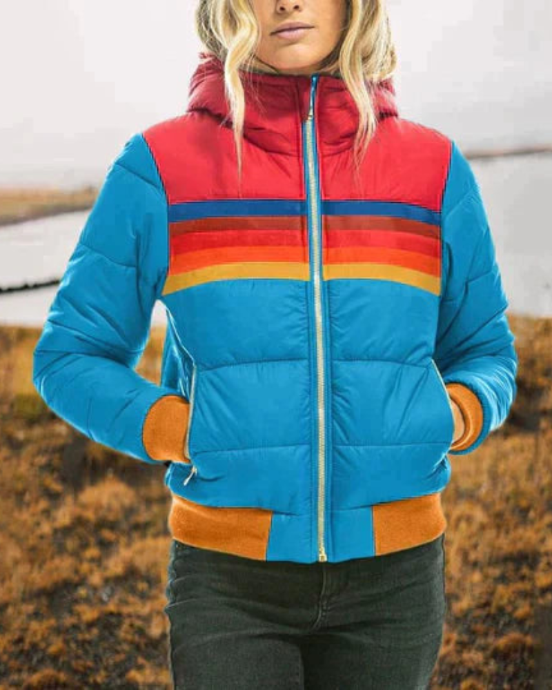 Street-wave Cozy Puffer Jacket For Women With Rainbow Colorblock Stripes Warm Quilted Winter Coat